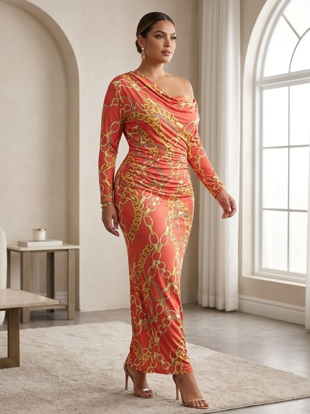 Savannah Red and Gold Chain-Print Cowl Neck Maxi Dress